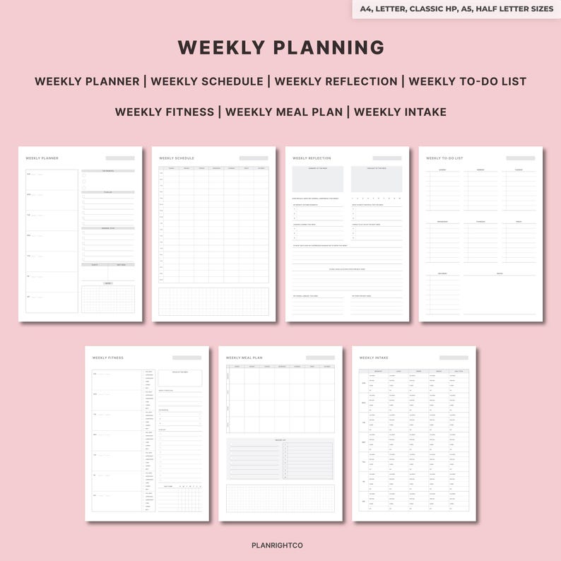 Op de afbeelding: Een verzameling wekelijkse planning templates, waaronder een planner, schema, reflectie, takenlijst, fitness, maaltijdplan en inname tracker. De tekst "WEEKLY PLANNING" staat bovenaan, met maatopties. De merknaam "PLANRIGHTCO" staat onderaan.