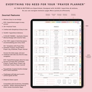 Może przedstawiać: Cyfrowy planer do modlitwy i refleksji. Planer zawiera kolorowy indeks z zakładkami dla każdego miesiąca, miesięczny kalendarz, miesięczny plan, miesięczne cele, miesięczne refleksje, miesięczną listę modlitw, miesięczne błogosławieństwa, miesięczne afirmacje, miesięczny tracker wdzięczności, miesięczny dziennik modlitw i notatki niestandardowe. Planer został zaprojektowany do użytku z cyfrowymi aplikacjami do robienia notatek, takimi jak Goodnotes, Notability, XODO, Samsung Notes i innymi podobnymi aplikacjami do adnotacji.