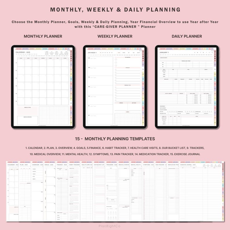 Puede incluir: Un planificador digital con 15 plantillas de planificaci&oacute;n mensuales, que incluyen un calendario, un plan, una descripci&oacute;n general, objetivos, finanzas, un rastreador de h&aacute;bitos, visitas de atenci&oacute;n m&eacute;dica, una lista de deseos, rastreadores, una descripci&oacute;n general m&eacute;dica, salud mental, s&iacute;ntomas, un rastreador de dolor, un rastreador de medicamentos y un diario de ejercicios. El planificador est&aacute; dise&ntilde;ado para usarse a&ntilde;o tras a&ntilde;o.