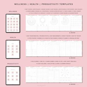 Pu&ograve; includere: Un modello di planner digitale per il benessere, la salute e la produttivit&agrave;. L'immagine mostra tre diverse categorie con icone per ogni categoria. Le categorie sono benessere, salute e produttivit&agrave;. L'immagine include anche del testo che elenca i diversi tipi di tracker e planner inclusi in ogni categoria.