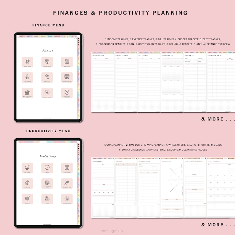 May include: Two digital planner pages with a pink background. The left page shows a menu of finance and productivity trackers. The right page shows a menu of productivity trackers, including a goal planner, time log, 10-minute planner, wheel of life, long and short-term goals, 30-day challenge, goal setting, logins, and cleaning schedule.