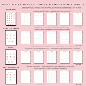 May include: A pink and white printable planner template with a menu of different categories, including medical, meals & food, finance, and family vehicle. Each category has a list of printable trackers and planners.
