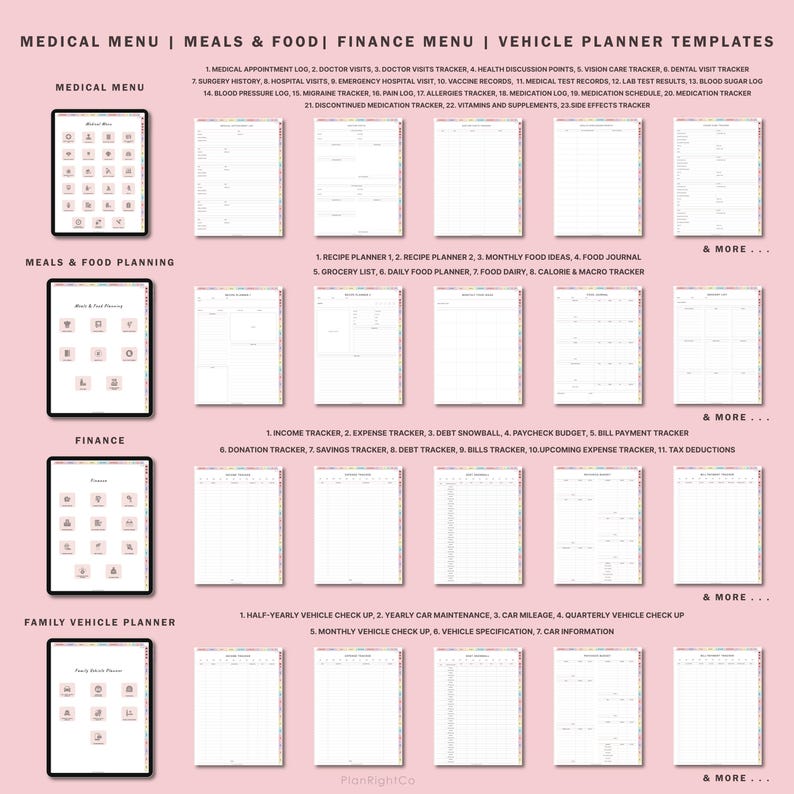 May include: A pink and white printable planner template with a menu of different categories, including medical, meals & food, finance, and family vehicle. Each category has a list of printable trackers and planners.