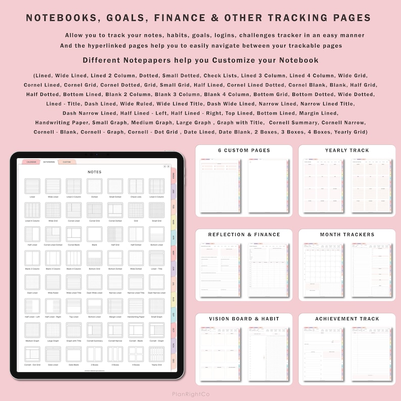 May include: A digital planner with a variety of page layouts for note-taking, goal setting, finance tracking, and other purposes. The planner includes pages with lined, dotted, grid, and Cornell note paper styles. The image shows a digital tablet displaying the planner pages, along with several other pages for different purposes, such as reflection and finance, vision board and habit, and achievement tracking.