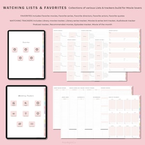 May include: Printable digital planner pages for movie lovers. The pages include sections for favorite movies, series, directors, actors, and quotes. There are also sections for tracking library movies, series, podcasts, and recommended movies.