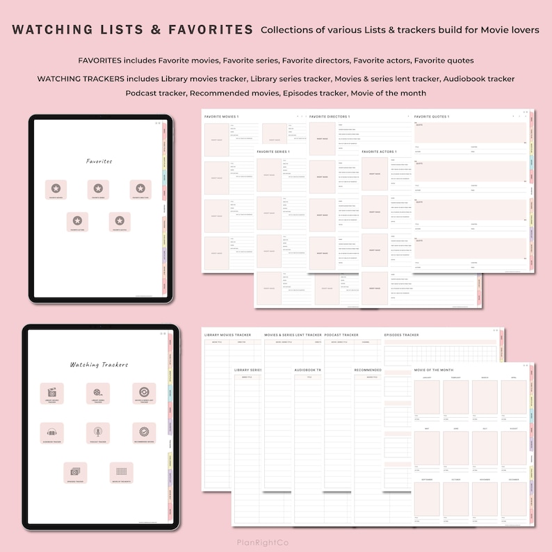 May include: Printable digital planner pages for movie lovers. The pages include sections for favorite movies, series, directors, actors, and quotes. There are also sections for tracking library movies, series, podcasts, and recommended movies.
