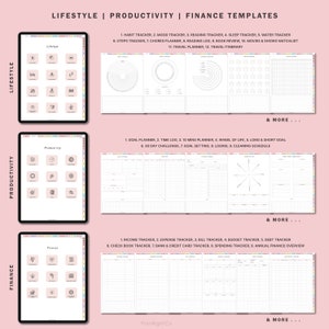 May include: A digital screen displaying a variety of printable templates for lifestyle, productivity, and finance. The templates include trackers for habits, mood, reading, sleep, water, steps, chores, reading log, book reviews, movies and shows, travel, and more. The templates also include planners for goals, time, 10 minutes, wheel of life, long and short goals, 30 day challenges, goal setting, logins, cleaning schedules, income, expenses, bills, budgets, debt, checkbooks, bank and credit cards, spending, and annual finance overview.