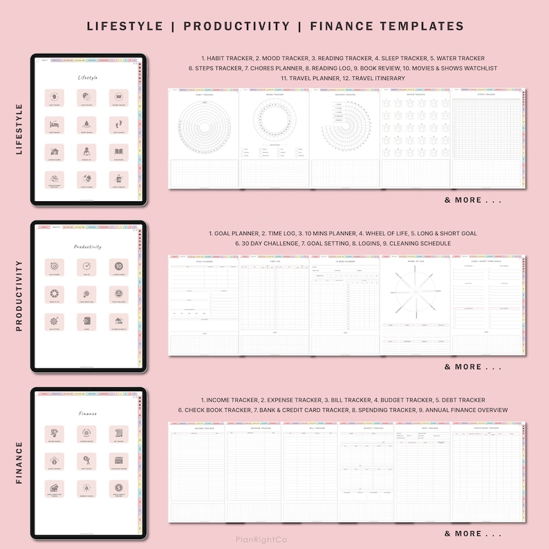 May include: A digital screen displaying a variety of printable templates for lifestyle, productivity, and finance. The templates include trackers for habits, mood, reading, sleep, water, steps, chores, reading log, book reviews, movies and shows, travel, and more. The templates also include planners for goals, time, 10 minutes, wheel of life, long and short goals, 30 day challenges, goal setting, logins, cleaning schedules, income, expenses, bills, budgets, debt, checkbooks, bank and credit cards, spending, and annual finance overview.