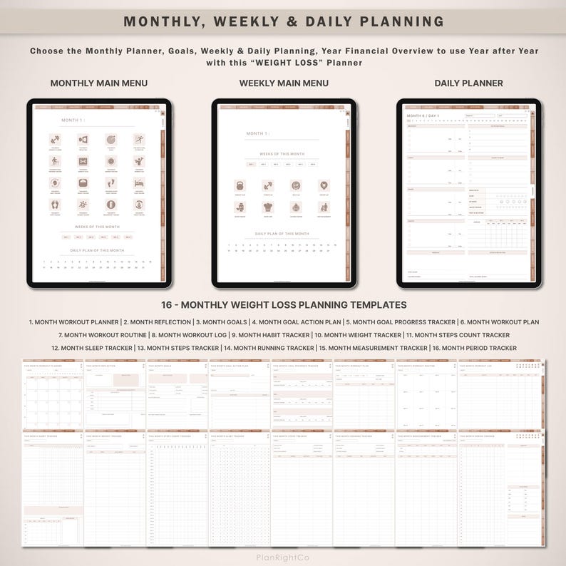 May include: A digital planner with 16 templates for weight loss planning. The templates include a monthly workout planner, reflection, goals, goal action plan, goal progress tracker, workout plan, workout routine, workout log, habit tracker, weight tracker, steps count tracker, sleep tracker, steps tracker, running tracker, measurement tracker, and period tracker.