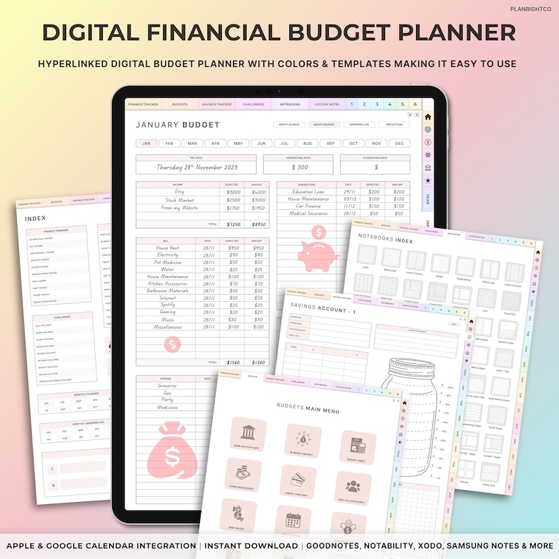 May include: A digital financial budget planner displayed on a tablet, with various open pages showing financial trackers, budget sheets, and savings accounts. The planner includes pink accents and the text "DIGITAL FINANCIAL BUDGET PLANNER".