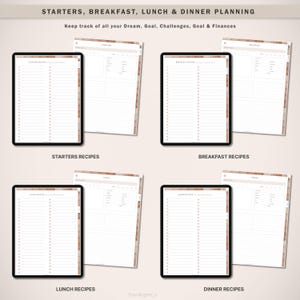 Op de afbeelding: Digitale receptplanning templates voor voorgerechten, ontbijt, lunch en diner. De sjablonen worden weergegeven op zwarte tablets met witte pagina's. De tekst op de afbeelding luidt: "Keep track of all your Dream, Goal, Challenges, Goal & Finances."