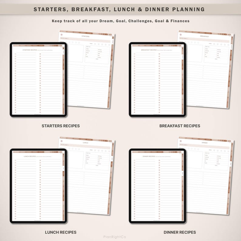 Op de afbeelding: Digitale receptplanning templates voor voorgerechten, ontbijt, lunch en diner. De sjablonen worden weergegeven op zwarte tablets met witte pagina's. De tekst op de afbeelding luidt: "Keep track of all your Dream, Goal, Challenges, Goal & Finances."