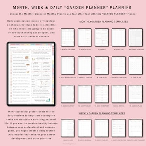 Pode incluir: Um planejador digital com fundo rosa e texto branco. O planejador &eacute; dividido em se&ccedil;&otilde;es para planejamento mensal e semanal do jardim. As se&ccedil;&otilde;es incluem modelos para um calend&aacute;rio, um plano mensal, finan&ccedil;as, um registro de plantas, um cronograma de rega, um registro de pragas e doen&ccedil;as, um rastreador de colheita, um plano de tarefas, metas de curto e longo prazo, um plano de tarefas, o layout do jardim, uma lista de compras, um invent&aacute;rio de sementes, o status do solo, um plano de jardim, um cronograma mensal, uma lista de tarefas mensais, uma reflex&atilde;o mensal e rastreadores mensais de plantas. O texto "MONTH, WEEK & DAILY "GARDEN PLANNER" PLANNING" est&aacute; no topo da imagem. O texto "MONTHLY GARDEN PLANNING TEMPLATES" est&aacute; no meio da imagem. O texto "WEEKLY GARDEN PLANNING TEMPLATES" est&aacute; na parte inferior da imagem.