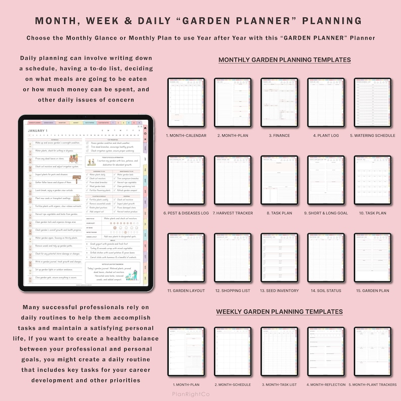 Pode incluir: Um planejador digital com fundo rosa e texto branco. O planejador &eacute; dividido em se&ccedil;&otilde;es para planejamento mensal e semanal do jardim. As se&ccedil;&otilde;es incluem modelos para um calend&aacute;rio, um plano mensal, finan&ccedil;as, um registro de plantas, um cronograma de rega, um registro de pragas e doen&ccedil;as, um rastreador de colheita, um plano de tarefas, metas de curto e longo prazo, um plano de tarefas, o layout do jardim, uma lista de compras, um invent&aacute;rio de sementes, o status do solo, um plano de jardim, um cronograma mensal, uma lista de tarefas mensais, uma reflex&atilde;o mensal e rastreadores mensais de plantas. O texto "MONTH, WEEK & DAILY "GARDEN PLANNER" PLANNING" est&aacute; no topo da imagem. O texto "MONTHLY GARDEN PLANNING TEMPLATES" est&aacute; no meio da imagem. O texto "WEEKLY GARDEN PLANNING TEMPLATES" est&aacute; na parte inferior da imagem.