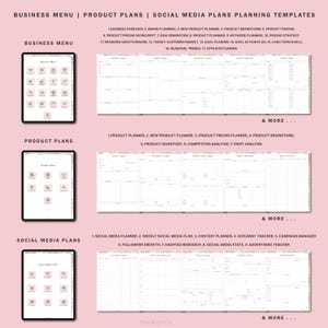 May include: A pink and white printable planner template with a business menu, product plans, and social media plans. The planner includes sections for business overview, brand planning, product pricing, idea generation, keyword planning, pricing strategy, branding questionnaire, target customer market, goal planner, goal action plan, long term goals, seasonal trends, affiliate planner, product planner, new product planner, product pricing planner, product brainstorm, product inventory, competitor analysis, SWOT analysis, social media planner, weekly social media plan, content planner, giveaway tracker, campaign manager, followers growth, hashtag research, social media stats, and advertising tracker.