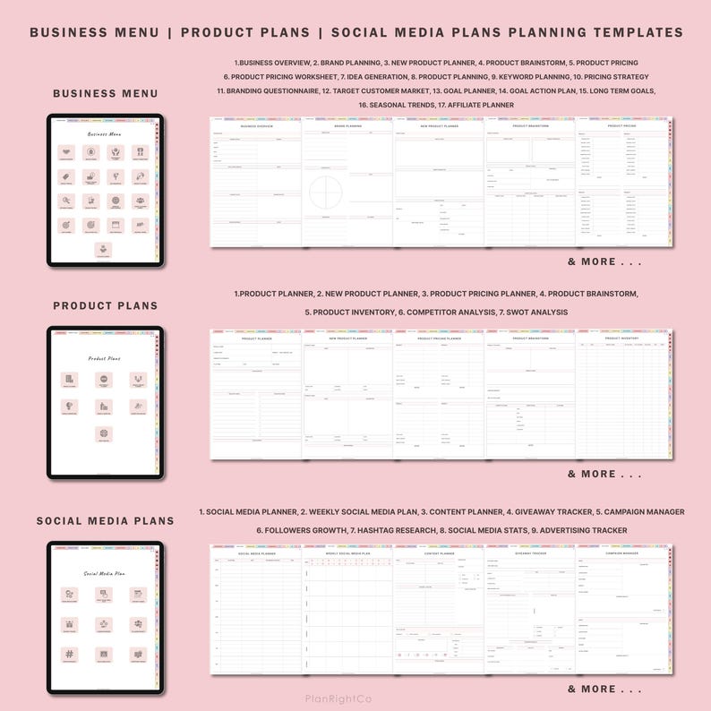 May include: A pink and white printable planner template with a business menu, product plans, and social media plans. The planner includes sections for business overview, brand planning, product pricing, idea generation, keyword planning, pricing strategy, branding questionnaire, target customer market, goal planner, goal action plan, long term goals, seasonal trends, affiliate planner, product planner, new product planner, product pricing planner, product brainstorm, product inventory, competitor analysis, SWOT analysis, social media planner, weekly social media plan, content planner, giveaway tracker, campaign manager, followers growth, hashtag research, social media stats, and advertising tracker.