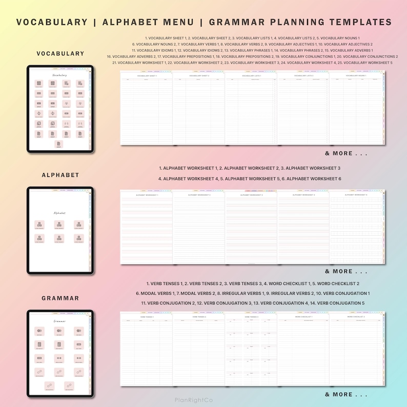 K&ouml;nnte beinhalten: Eine druckbare Planungsvorlage f&uuml;r Vokabel-, Alphabet- und Grammatikunterricht. Die Vorlage enth&auml;lt eine Liste von Vokabeln, Alphabet-Arbeitsbl&auml;tter und Grammatik&uuml;bungen. Die Vorlage soll Sch&uuml;lern helfen, ihre Sprachkenntnisse zu lernen und zu &uuml;ben.