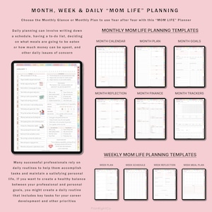 Może przedstawiać: R&oacute;żowo-biały cyfrowy planer z tekstem "MONTH, WEEK & DAILY "MOM LIFE" PLANNING" i "MONTHLY MOM LIFE PLANNING TEMPLATES". Planer zawiera szablony do kalendarza miesięcznego, planu miesięcznego, cel&oacute;w miesięcznych, miesięcznej refleksji, miesięcznych finans&oacute;w, miesięcznych tracker&oacute;w, planu tygodniowego, harmonogramu tygodniowego, tygodniowej refleksji i tygodniowego planu posiłk&oacute;w.