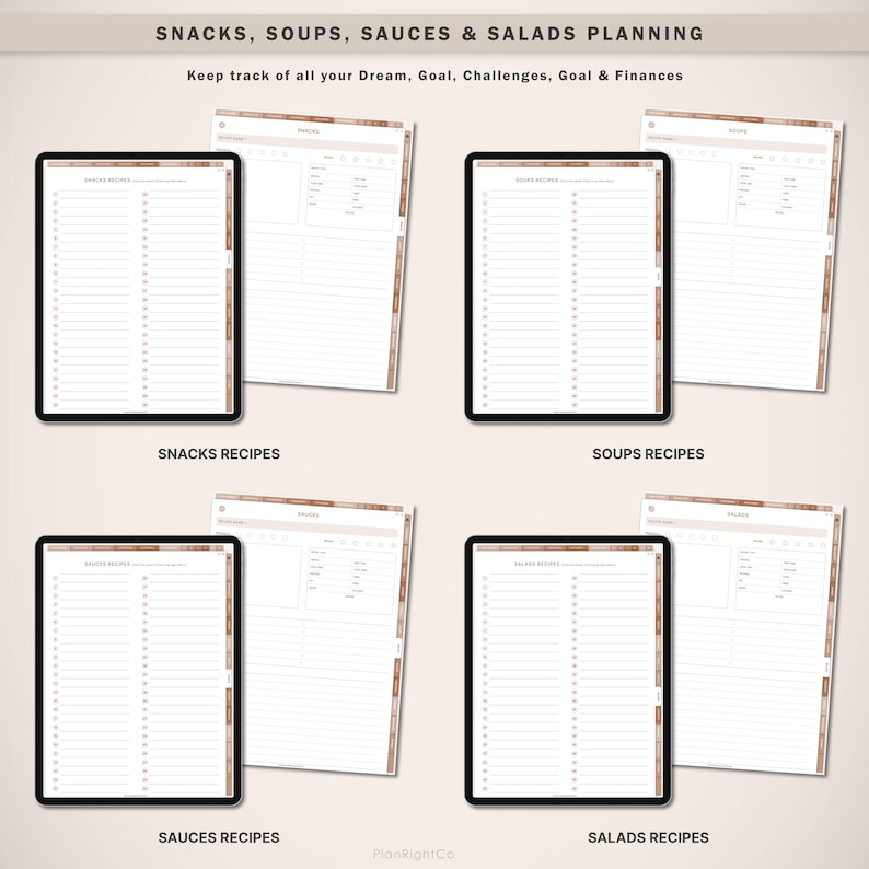 Op de afbeelding: Digitale receptplanning templates voor snacks, soepen, sauzen en salades. De afbeelding toont vier tablets met receptpagina's, elk gelabeld met een categorie. De bovenste tekst luidt "SNACKS, SOUPS, SAUCES & SALADS PLANNING".