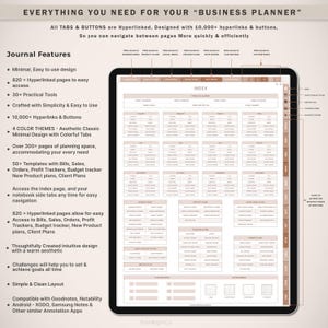 May include: A digital planner for business with a beige and brown colour scheme. The planner features over 300 pages of planning space, 50 templates, and 820 hyperlinked pages. The planner is compatible with Goodnotes, Notability, XODO, Samsung Notes, and other similar annotation apps.