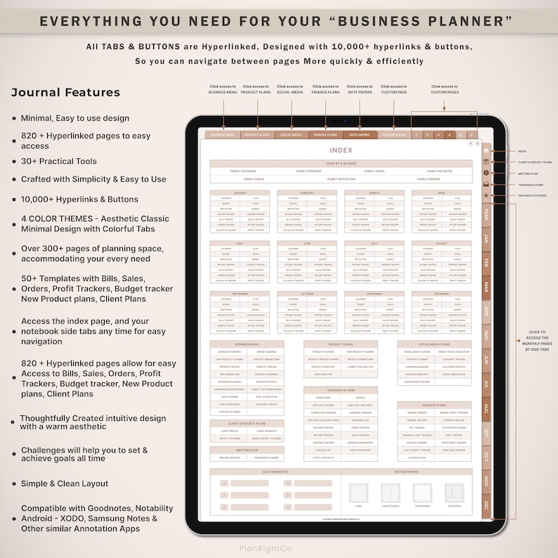 May include: A digital planner for business with a beige and brown colour scheme. The planner features over 300 pages of planning space, 50 templates, and 820 hyperlinked pages. The planner is compatible with Goodnotes, Notability, XODO, Samsung Notes, and other similar annotation apps.