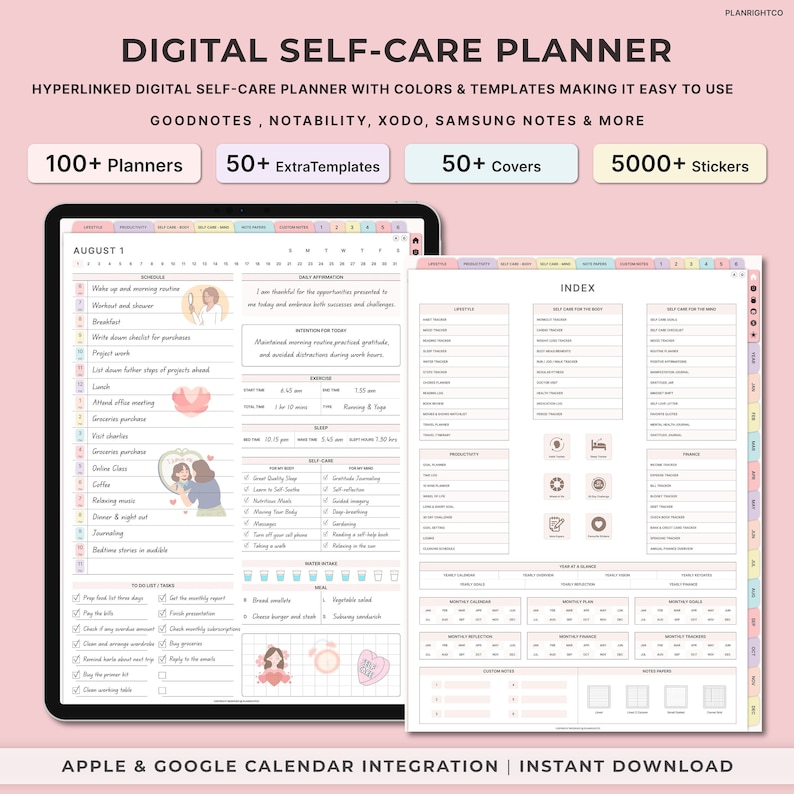 May include: Digital self-care planner with a pink and white color scheme. The planner includes a calendar, daily affirmations, self-care tips, and a monthly tracker. The planner is compatible with Apple and Google calendars and can be downloaded instantly. The text "PLANRIGHTCO" is in the top right corner of the image.