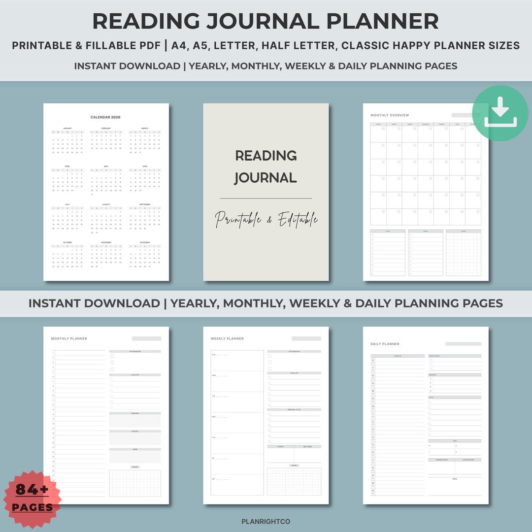Printable Reading Journal | Book Reading Planner Bundle A5 A4 Reading ...