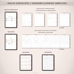May include: A digital planner template with sections for health checklists, trackers, a calendar, and a notebook. The template includes checklists for first aid kit information, medical documents, hospital bag checklist, and medical expenses. The trackers include habit trackers, mood trackers, sleep trackers, and water trackers. The calendar and notebook sections are blank.