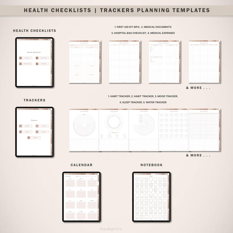 May include: A digital planner template with sections for health checklists, trackers, a calendar, and a notebook. The template includes checklists for first aid kit information, medical documents, hospital bag checklist, and medical expenses. The trackers include habit trackers, mood trackers, sleep trackers, and water trackers. The calendar and notebook sections are blank.