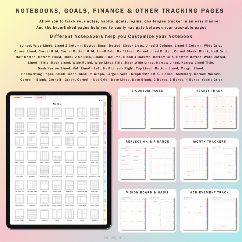 Op de afbeelding: Een digitale planner met een verscheidenheid aan pagina-indelingen voor het maken van notities, het stellen van doelen, het bijhouden van financi&euml;n en andere doeleinden. De planner bevat pagina's met gestreepte, gestippelde, raster- en Cornell-notitiestijlen. De afbeelding toont een digitale tablet waarop de plannerpagina's worden weergegeven.
