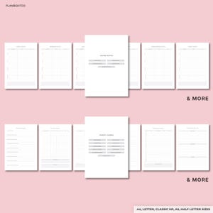 Może przedstawiać: Zbi&oacute;r białych stron dziennika papierowego z szarym tekstem i liniami. Strony są oznaczone terminami takimi jak "Coping Tactics" i "Therapy Journal". Obraz zawiera r&oacute;wnież tekst "& MORE" i "A4, LETTER, CLASSIC HP, A5, HALF LETTER SIZES."