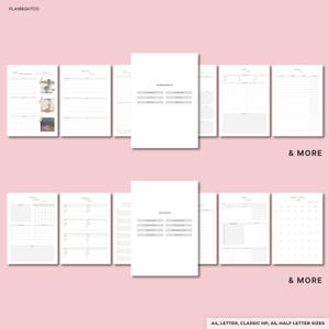 May include: A collection of white planner pages with various layouts, including worksheets and trackers. The pages are arranged to display different sections, with the text "& MORE" at the bottom. The text "PLANRIGHTCO" is at the top.