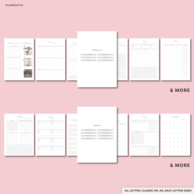 May include: A collection of white planner pages with various layouts, including worksheets and trackers. The pages are arranged to display different sections, with the text "& MORE" at the bottom. The text "PLANRIGHTCO" is at the top.