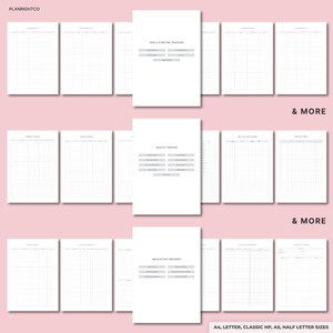 May include: White printable health trackers with the text "Pain & Symptom Trackers", "Health Tracker", and "Medication Trackers". The trackers are surrounded by blank pages. The text "& MORE" and "A4, LETTER, CLASSIC HP, A5, HALF LETTER SIZES" are also visible.