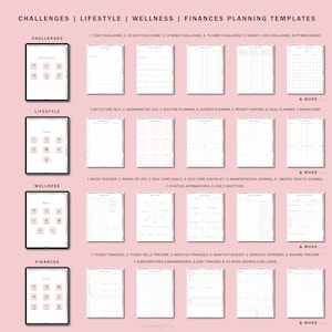 Op de afbeelding: Een digitale plannertemplate met vier categorie&euml;n: Uitdagingen, Lifestyle, Welzijn en Financi&euml;n. Elke categorie heeft een roze achtergrond met een wit raster en pictogrammen die verschillende afdrukbare plannerpagina's voorstellen. De tekst "& MEER..." verschijnt onderaan elke categorie.