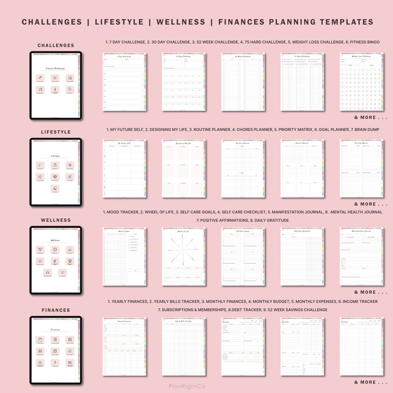 Op de afbeelding: Een digitale plannertemplate met vier categorie&euml;n: Uitdagingen, Lifestyle, Welzijn en Financi&euml;n. Elke categorie heeft een roze achtergrond met een wit raster en pictogrammen die verschillende afdrukbare plannerpagina's voorstellen. De tekst "& MEER..." verschijnt onderaan elke categorie.
