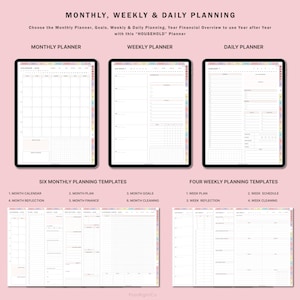 May include: A digital planner template for monthly, weekly, and daily planning. The template includes six monthly planning templates and four weekly planning templates. The templates are designed to help you organize your time, goals, and finances.