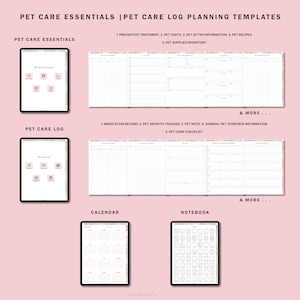 May include: A digital planner for pet care with sections for pet care essentials, a pet care log, a calendar, and a notebook. The planner has a pink background with colorful borders.