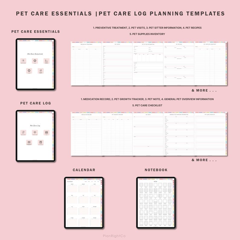 May include: A digital planner for pet care with sections for pet care essentials, a pet care log, a calendar, and a notebook. The planner has a pink background with colorful borders.