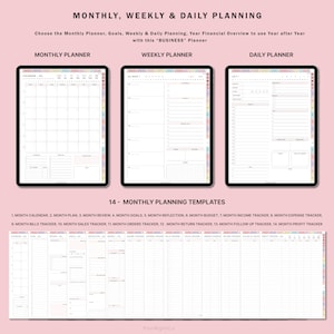 May include: A digital planner with 14 monthly planning templates, including a calendar, plan, review, goals, reflection, budget, income tracker, expense tracker, bills tracker, sales tracker, orders tracker, return tracker, follow up tracker, and profit tracker. The planner is designed for use year after year.