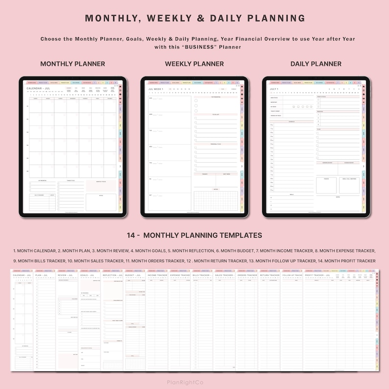 May include: A digital planner with 14 monthly planning templates, including a calendar, plan, review, goals, reflection, budget, income tracker, expense tracker, bills tracker, sales tracker, orders tracker, return tracker, follow up tracker, and profit tracker. The planner is designed for use year after year.