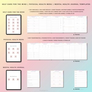 May include: A digital planner with a pink and white color scheme. The planner is divided into three sections: Self Care for the Mind, Physical Health Menu, and Mental Health Journal. Each section has a list of topics and a graphic of a tablet with icons.