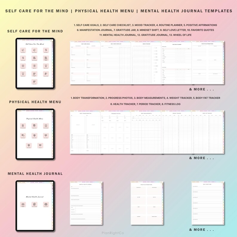 May include: A digital planner with a pink and white color scheme. The planner is divided into three sections: Self Care for the Mind, Physical Health Menu, and Mental Health Journal. Each section has a list of topics and a graphic of a tablet with icons.