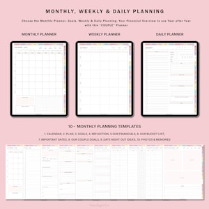 May include: A digital planner with 10 monthly planning templates for couples. The templates include a calendar, plan, goals, reflection, finances, bucket list, important dates, couple goals, date night ideas, and photos and memories.
