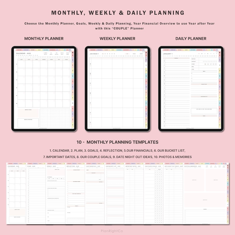 May include: A digital planner with 10 monthly planning templates for couples. The templates include a calendar, plan, goals, reflection, finances, bucket list, important dates, couple goals, date night ideas, and photos and memories.