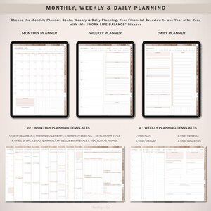 Op de afbeelding: Digitale planner met maandelijkse, wekelijkse en dagelijkse planningsopties. De afbeelding toont drie digitale planner lay-outs: maandelijks, wekelijks en dagelijks. De planner bevat sjablonen voor maandelijkse en wekelijkse planning. De tekst luidt "WORK-LIFE BALANCE" Planner.