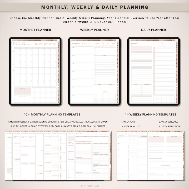 Op de afbeelding: Digitale planner met maandelijkse, wekelijkse en dagelijkse planningsopties. De afbeelding toont drie digitale planner lay-outs: maandelijks, wekelijks en dagelijks. De planner bevat sjablonen voor maandelijkse en wekelijkse planning. De tekst luidt "WORK-LIFE BALANCE" Planner.