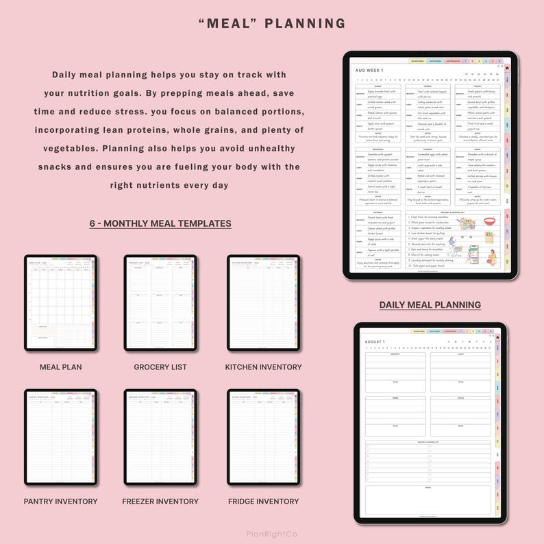 May include: A digital planner with a pink background and the text "MEAL" PLANNING. The planner includes six monthly meal templates, a daily meal planner, and a weekly meal planner. The planner is designed to help people stay on track with their nutrition goals by prepping meals ahead of time, saving time and reducing stress.