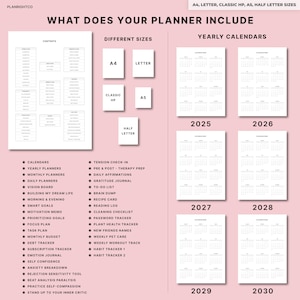 May include: A planner layout with various sizes, including A4, Letter, Classic HP, A5, and Half Letter. It includes yearly calendars from 2025 to 2030, content pages, and lists of planner sections like calendars, daily planners, and habit trackers.