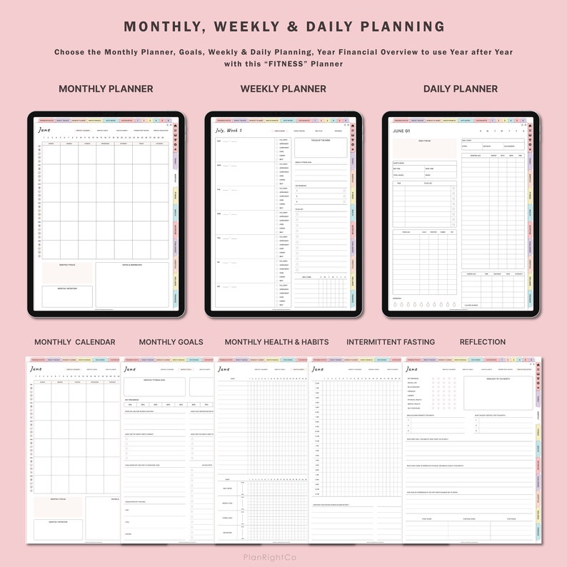 Op de afbeelding: Een printbare planner met een kleurrijk ontwerp. De planner bevat secties voor maandelijkse, wekelijkse en dagelijkse planning, evenals maandelijkse doelen, gezondheid en gewoonten, intermitterend vasten en reflectie.